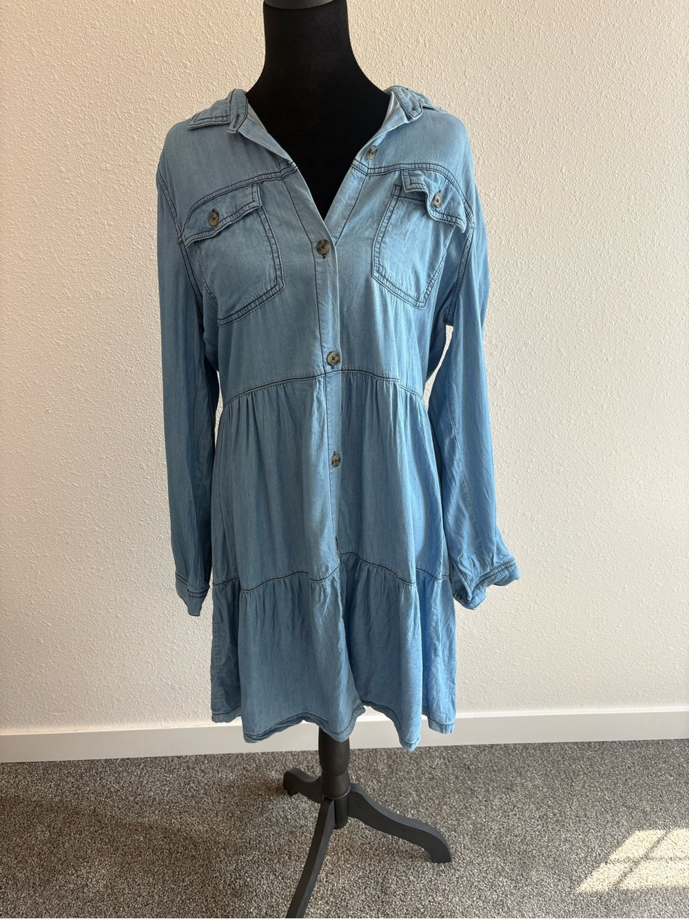Maurices Light Blue Tiered Button-Front Shirt Dress